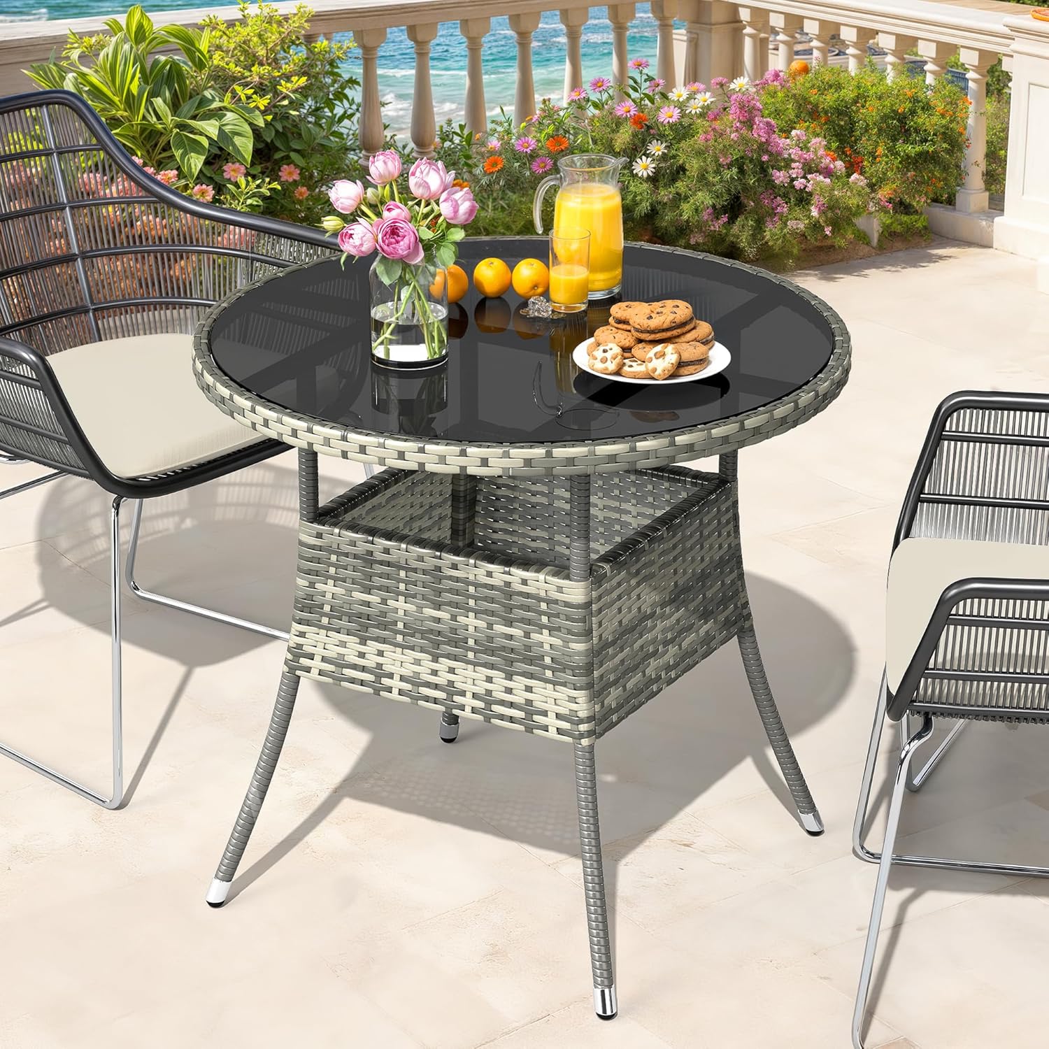 YITAHOME Outdoor Dining Table Round for 4 31.5" Patio Dining Table with Easy-to-Clean Glass Tabletop, All-Weather Rattan Bistro Table Round for Backyard Deck Porch Poolside, Gray