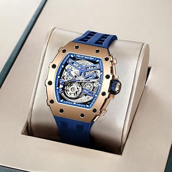 TSAR BOMBA Men's Automatic Tonneau Skeleton Luxury Watch 50 m Waterproof Analogue Mechanical Diving Square Hollow Watch Japanese Movement Sapphire Mirror Silicone Strap