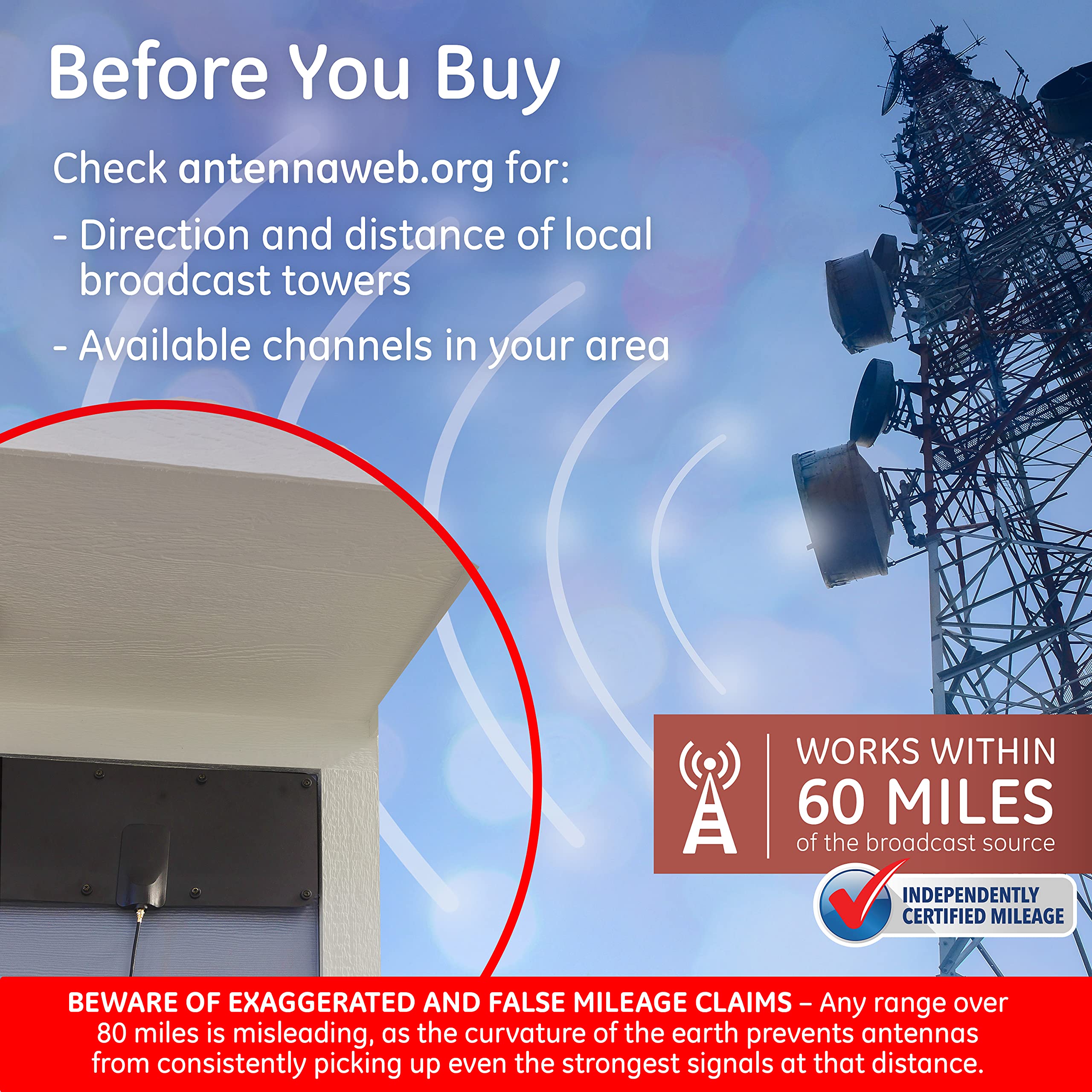 GE Antena digital de TV HD para exteriores, resistente a la intemperie de largo alcance, soporta 4K 1080p UHF VHF NextGen TV ATSC3.0, diseño plano de perfil bajo, negro, 54083