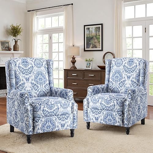 Miniatura 6 de Silla reclinable, sillón tapizado con respaldo floral con respaldo ajustable y reposapiés, cómoda silla decorativa para lectura, sofá individual