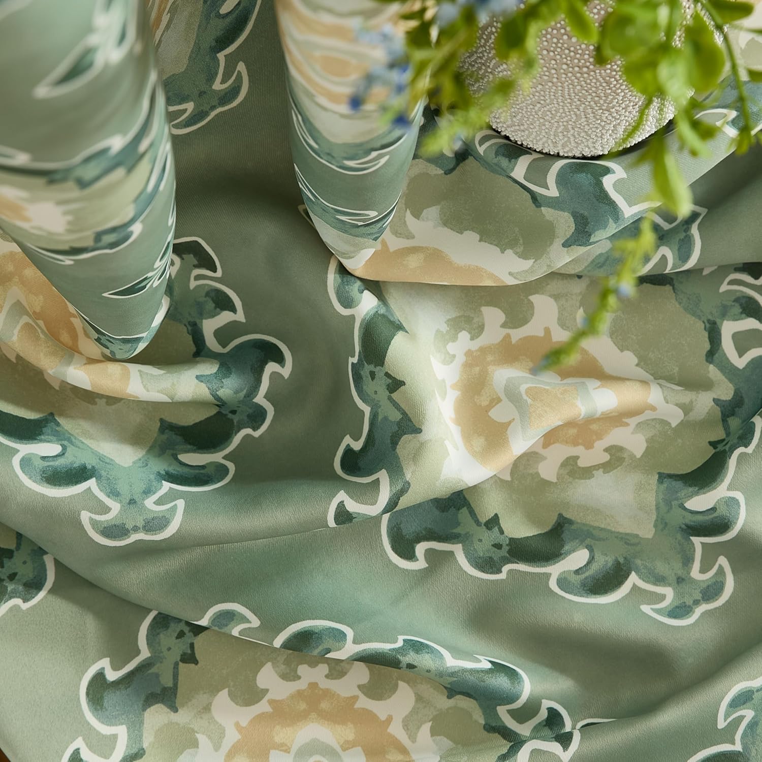 HLC.ME Liam Sage Green and Beige Patterned Curtains - Boho Ogee Ikatt Damask Grommet Curtains - Light Reducing Window Drapes for Bedroom and Living Room, Set of 2 Panels - 52 W x 96 L