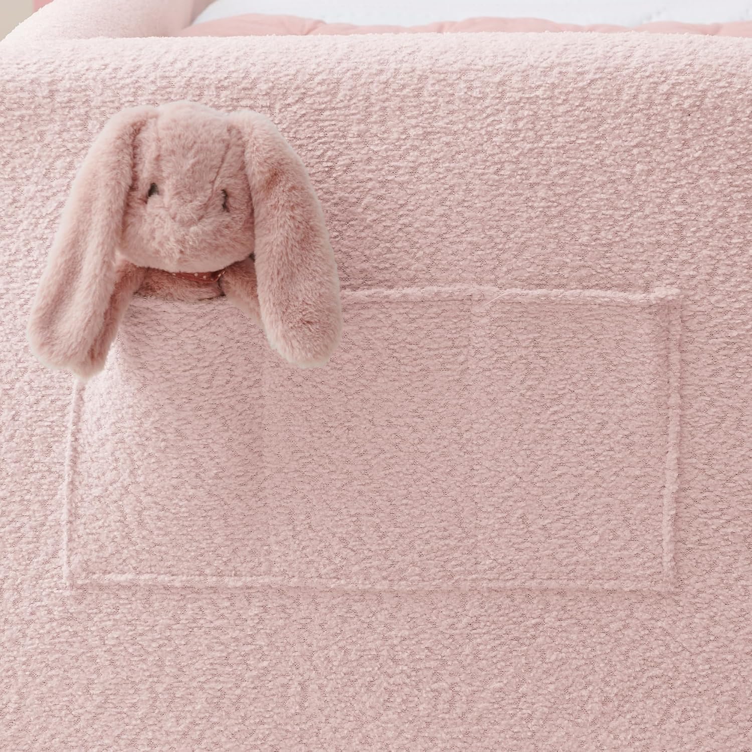 Twin Size Bed Frame with Cute Rabbit Ear Shaped Headboard, Upholstered Platform Bed Frame Twin Size with Safety Rail and Pocket, Sofa Beds for Kids Teens, Boys Girls, Boucle Fabric, Pink