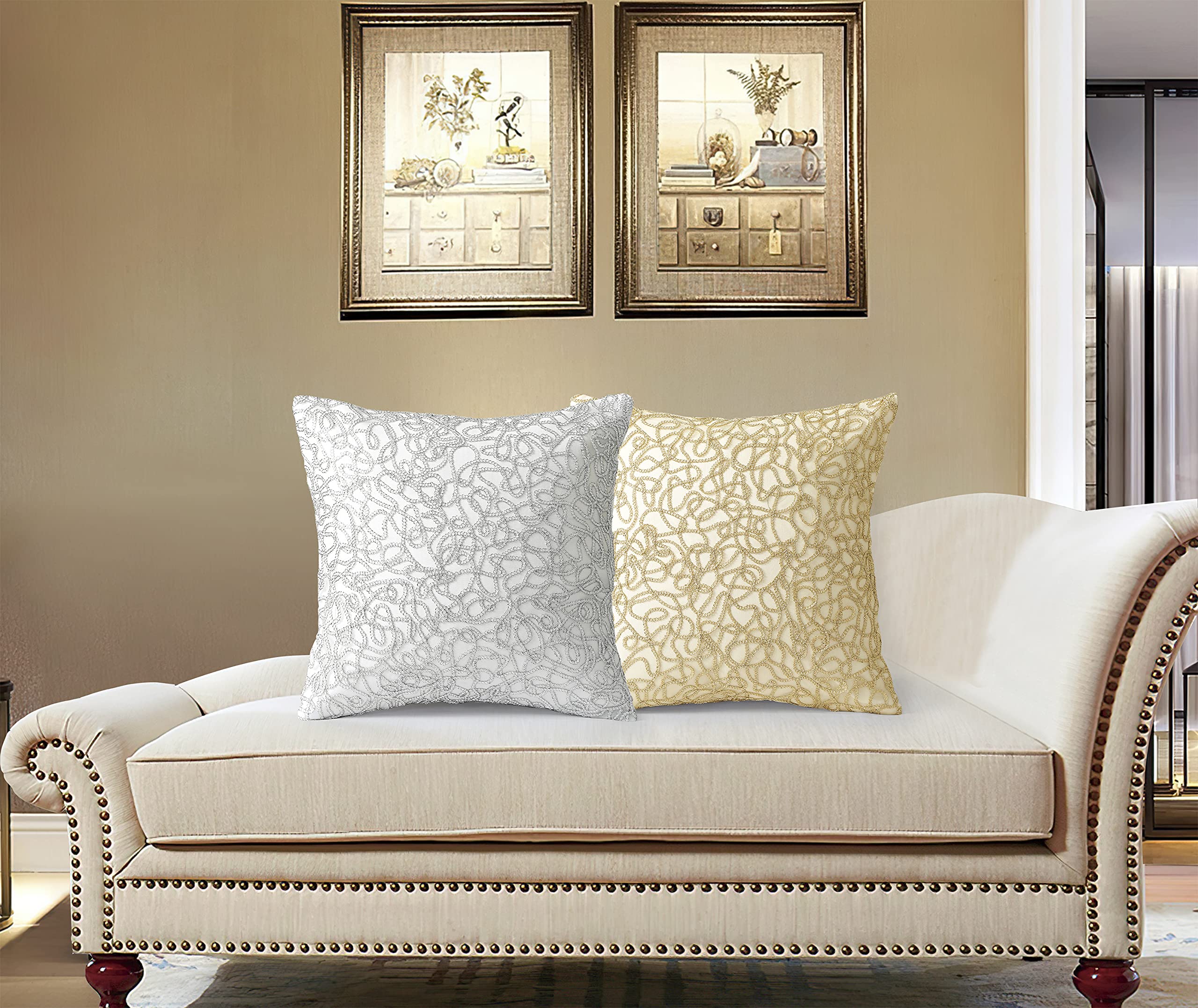 Violet Linen Sparkling Piping Pattern, Polyester Lace Embroidered, Linen Look Fabric Backing, Gold, 18 Inch x 18 Inch, Square, Decorative Accent Throw Pillow Cover