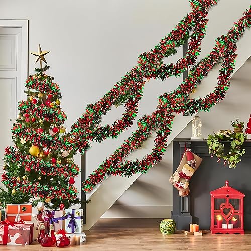 Miniatura 7 de Guirnalda de oropel de Navidad de 50 pies, guirnalda metálica roja y verde, decoración brillante para árbol de Navidad, decoración para árbol de