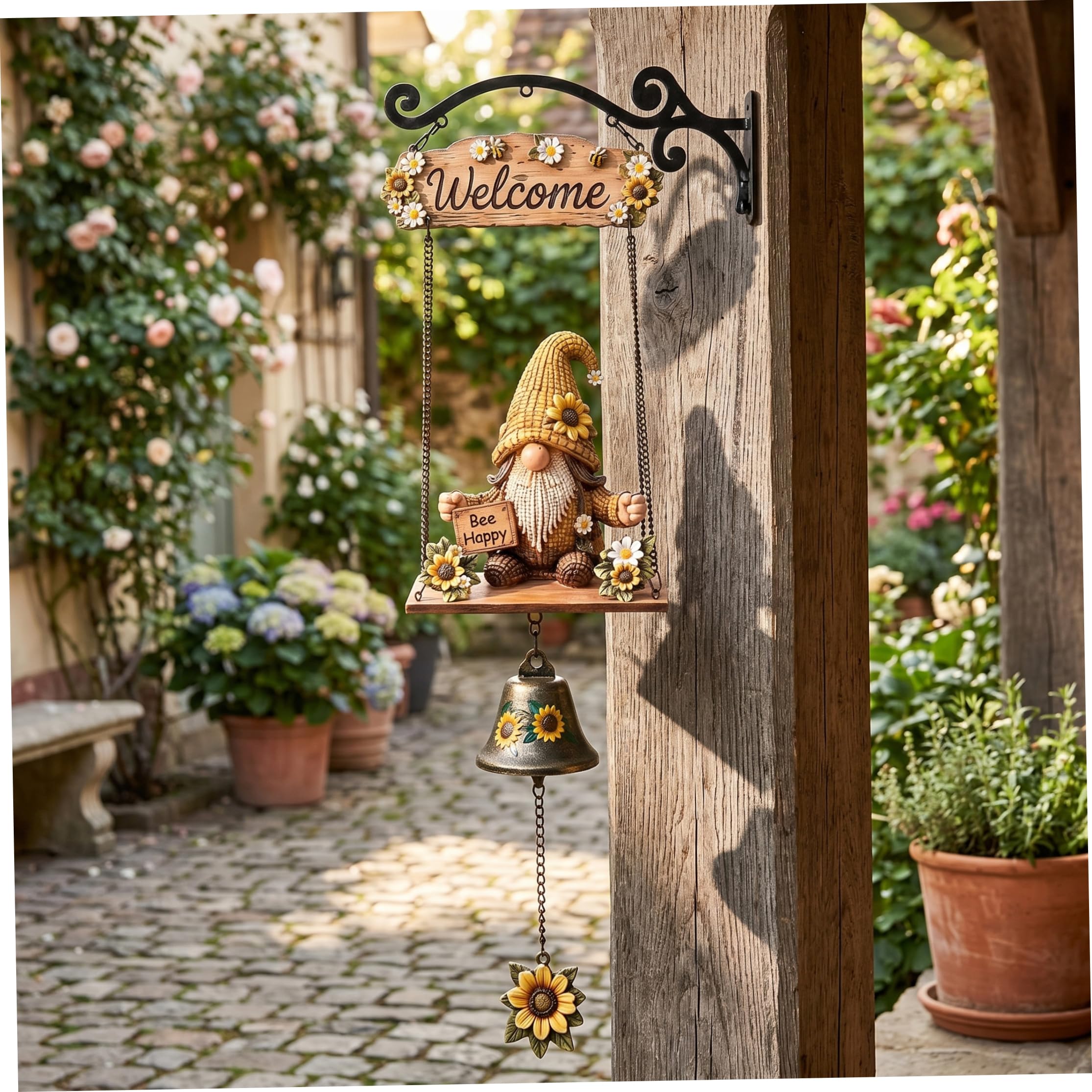 Garden Bells, Decorative Gnome Welcome Bell - Hanging Rustic Garden Gnome Doorbell For Front Porch, Fence & Patio, Yellow, Utilisation d'été