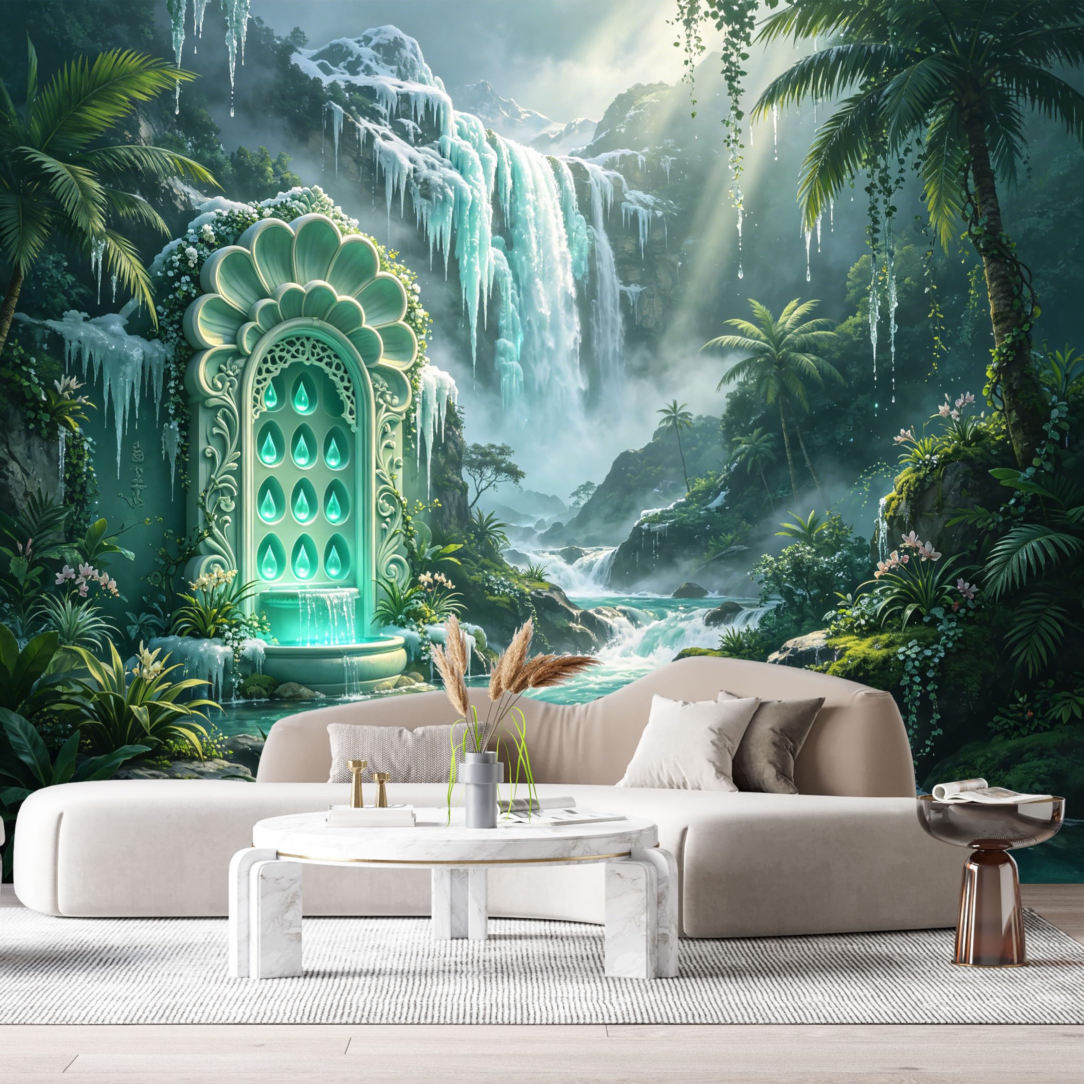 Custom Size Wall Murals Jungle Tropical Magical Waterfall Portal 3D Trompe L'Oeil SelfAdhesiveWall Fabric Removable Wallpaper Wall Decor for Living Room Bedroom Bathroom