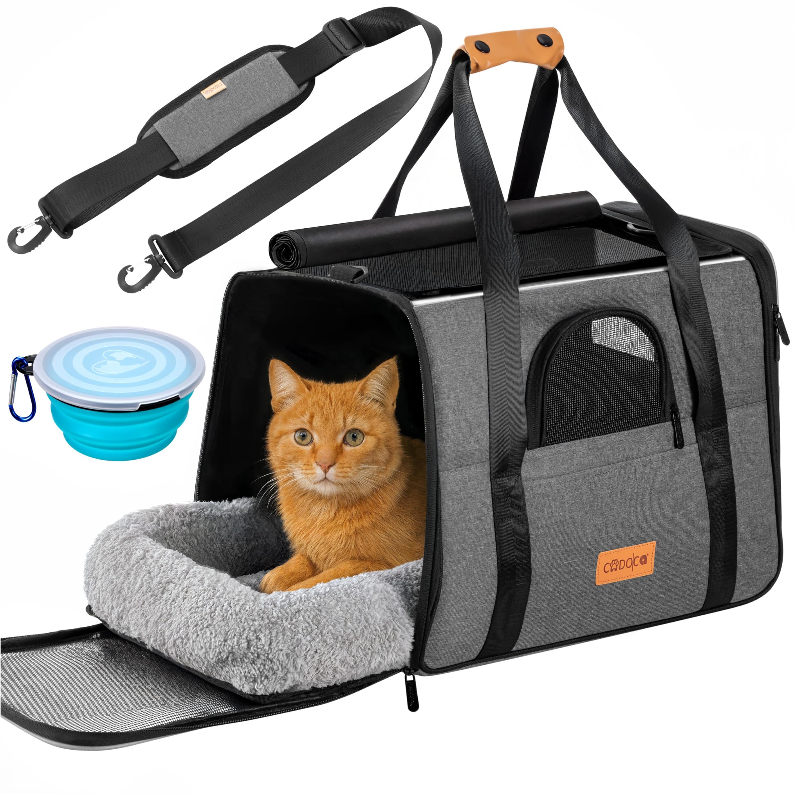 Cat Carrier Bag Cat Small Dog | Foldable Pet Transport Box Travel Pet Carrier Tote Bag | Breathable Soft Side Shoulder Bag Airline Approved Hand Bag | Kitten Car Travel Crate Bowl + Cushion Grey
