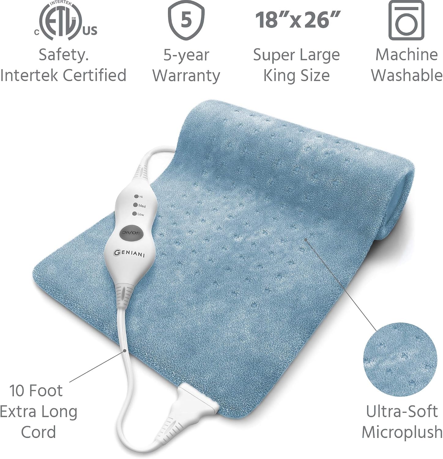 GENIANI Extra Large Electric Heating Pad for Back Pain and Cramps Relief - Auto Shut Off - Soft Heat Pad 12"x24" for Moist & Dry Therapy (Charcoal Black) (Extra Large)