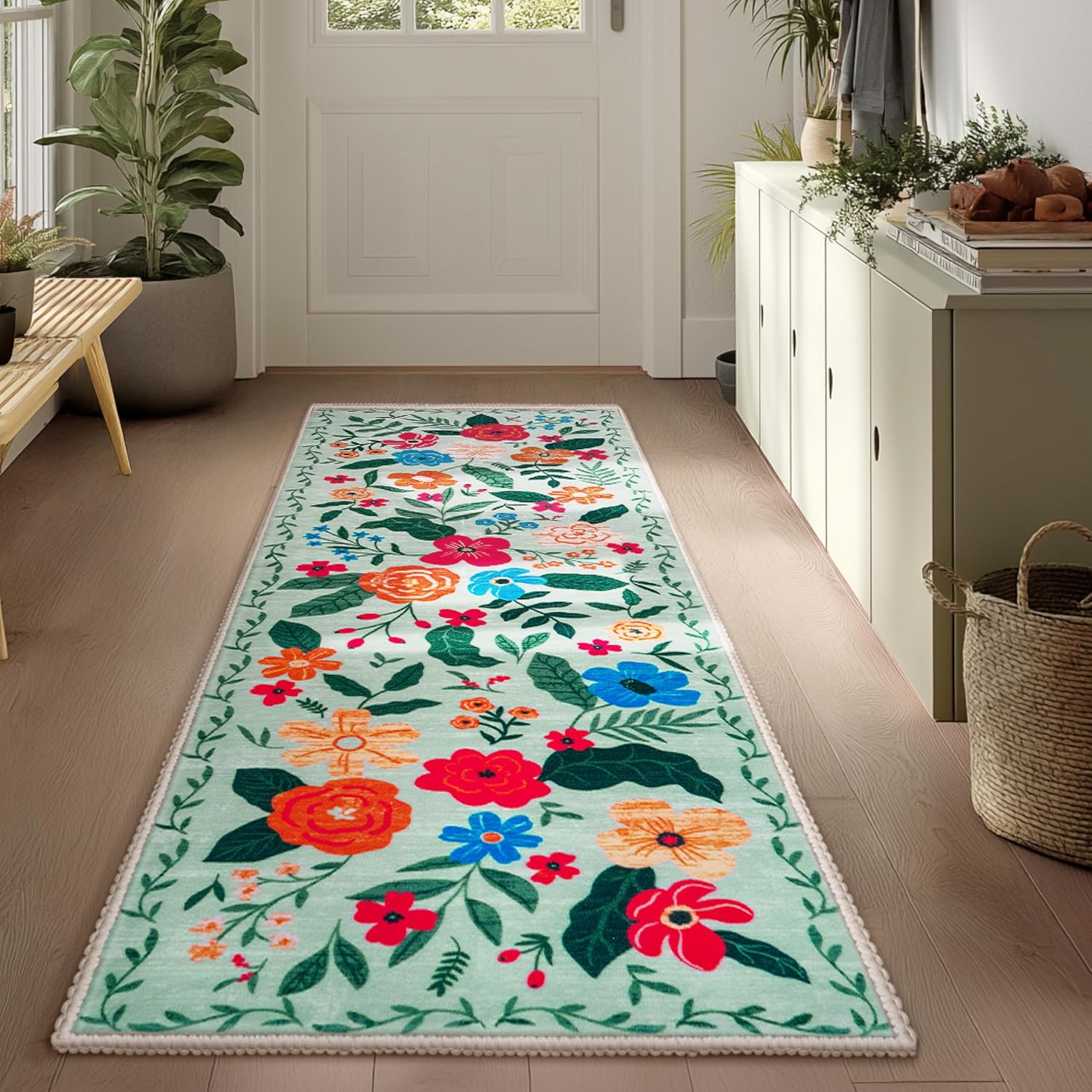 Joiedomi Hallway Runner Rug Washable 2'6''x8' Non Slip Kitchen Rug with Rubber Backing Soft Boho Floral Floor Carpet Runners for Entryway Laundry Bedroom Indoor (Green)