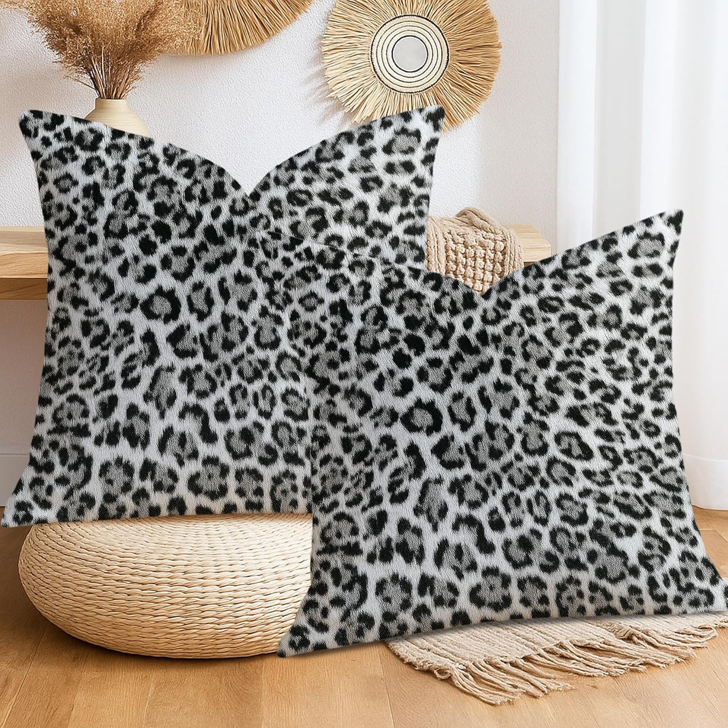 Leopard Print Throw Pillow Covers Set of 2, Black White Animal Pattern Cushion Cases, Stylish Decorative Sofa Bed Couch Covers for Home Living Room Decor 26x26 Inch