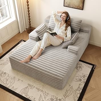 63 Inch Corduroy Chaise Lounge Indoor,Oversized Upholstered Sofa Bed Gray | Sleeper Couch Reading Chairs Fluffy Plush Faux Fur Cloud Sofas Couches for Living Room