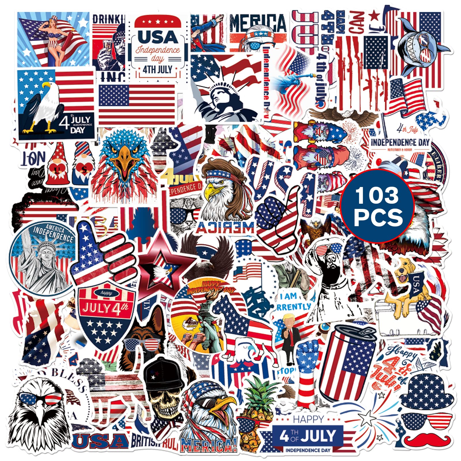 ZHUTU Independence Day Stickers 103PCS American Patriotic Flag 4th of July Vinyl Decals for Water Bottle Car Bike Skateboard Tool Box Suitcase Wall Scrapbook Waterproof Decor