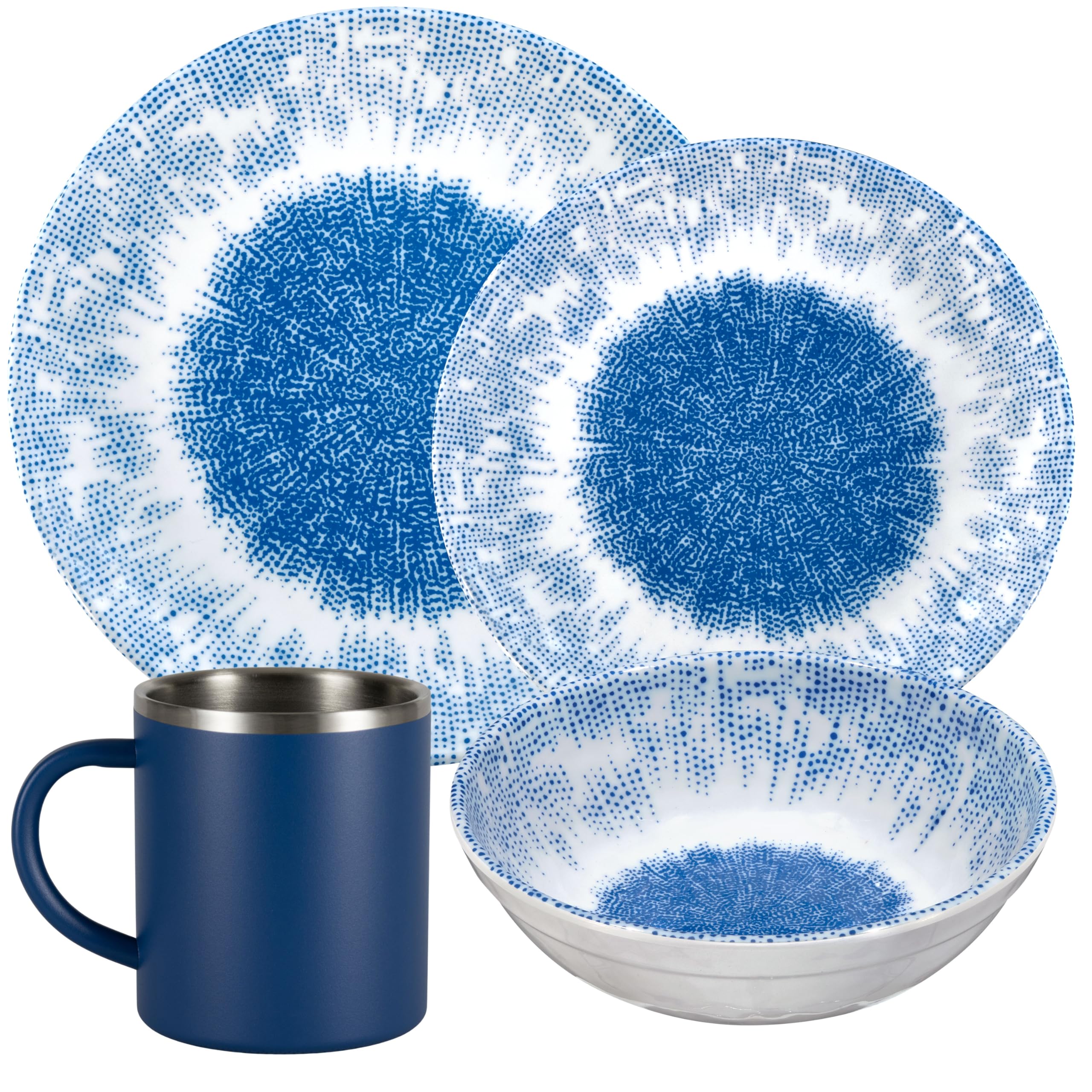 Wish Flower Ensemble de vaisselle en mélamine - Avec tasses thermiques en acier inoxydable - Aspect pierre - Passe au lave-vaisselle - Accessoire de camping - Vaisselle de camping - Pour caravane