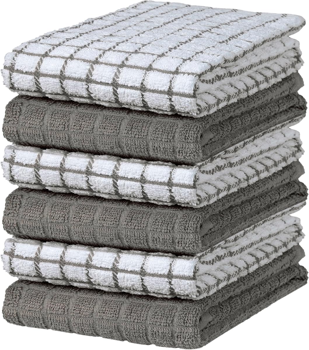 Bumble paños de cocina (paquete de 6), 16"x28", paños de cocina 100% algodón - Gris | 380 G/M | Toallas de mano de cocina suaves, paños de cocina altamente absorbentes y duraderos para cocina con lazo para colgar