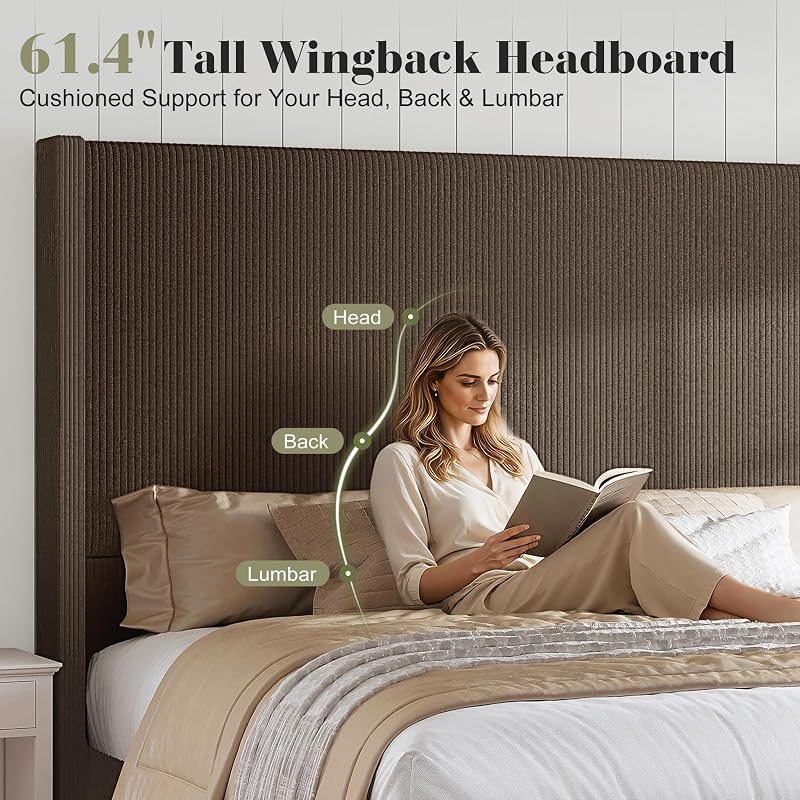HOWE Upholstered Queen Bed Frame with 61" Tall Wingback Headboard, Chestnut image 3