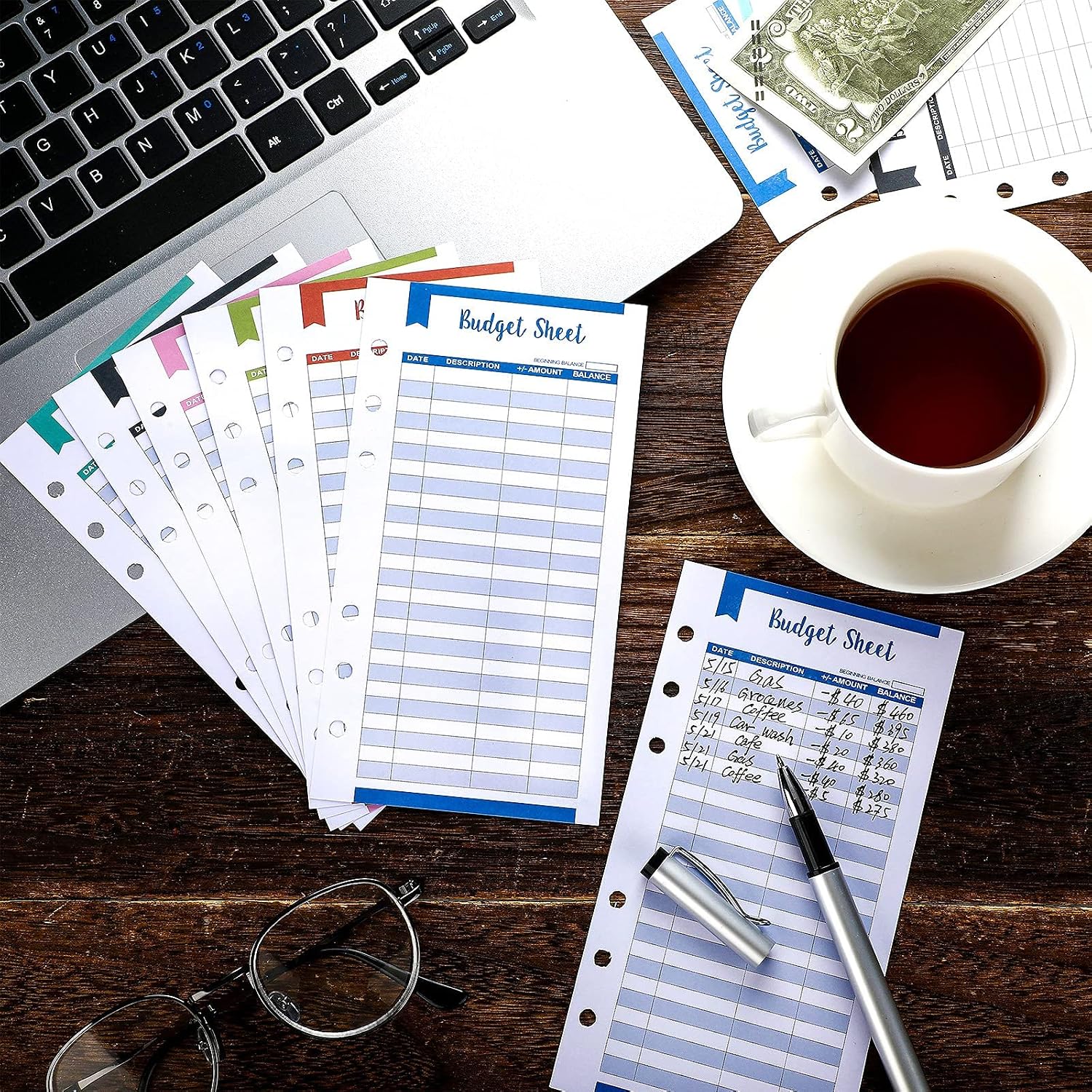 120 Pieces A6 Budget Sheets, 6 Rings Binder Expense Sheets Money Tracker Budget Inserts for Cash Envelope Planner Wallet Budgeting Organizer, 6 Colors