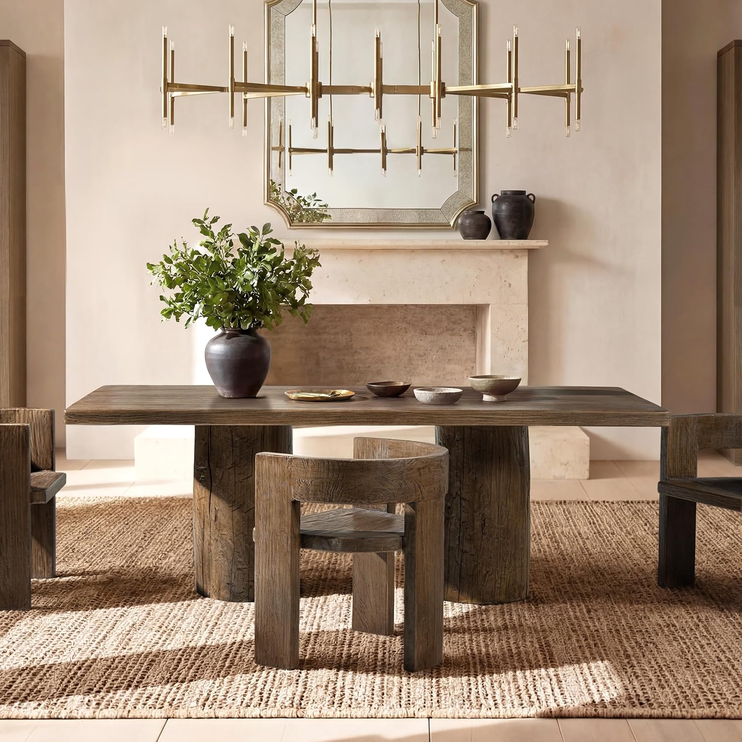 Jennifer Taylor Home Arbor 84" Solid Reclaimed Elm Double Pedestal 8-Person Dining Table, Heritage Medium-Dark Brown Reclaimed Elm