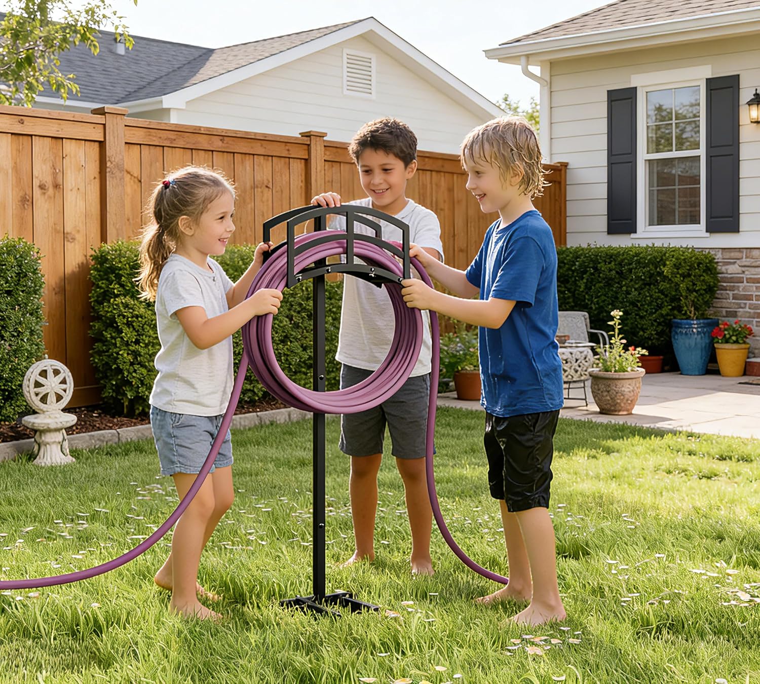 Kingson Heavy-Duty Metal Garden Hose Holder - Detachable & Freestanding Hose Stand with 4 Anchor Points, Black (Outdoor Use)