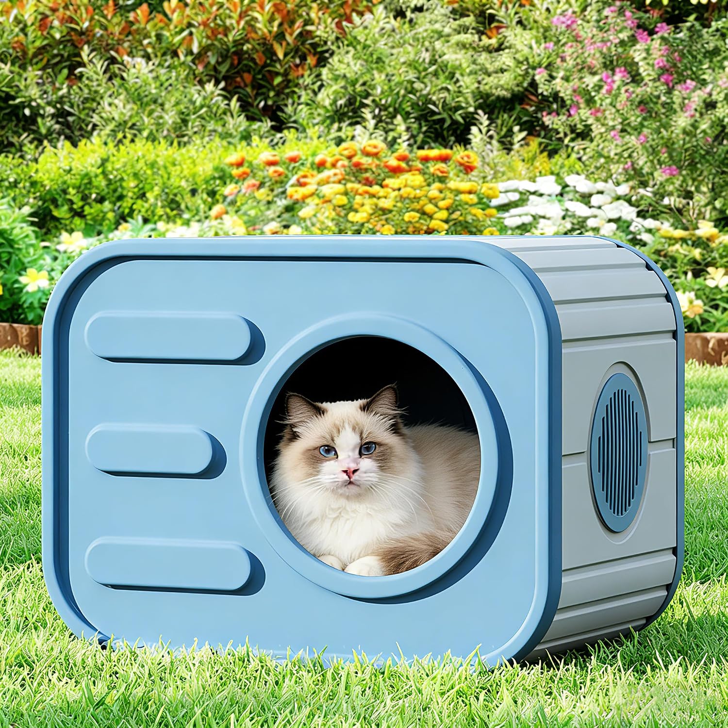 Outdoor Cat House Weatherproof Insulated Cat House Outdoor with Camera-Shaped Design Sturdy Resin Outside Cat Shelter for Patio, Garden