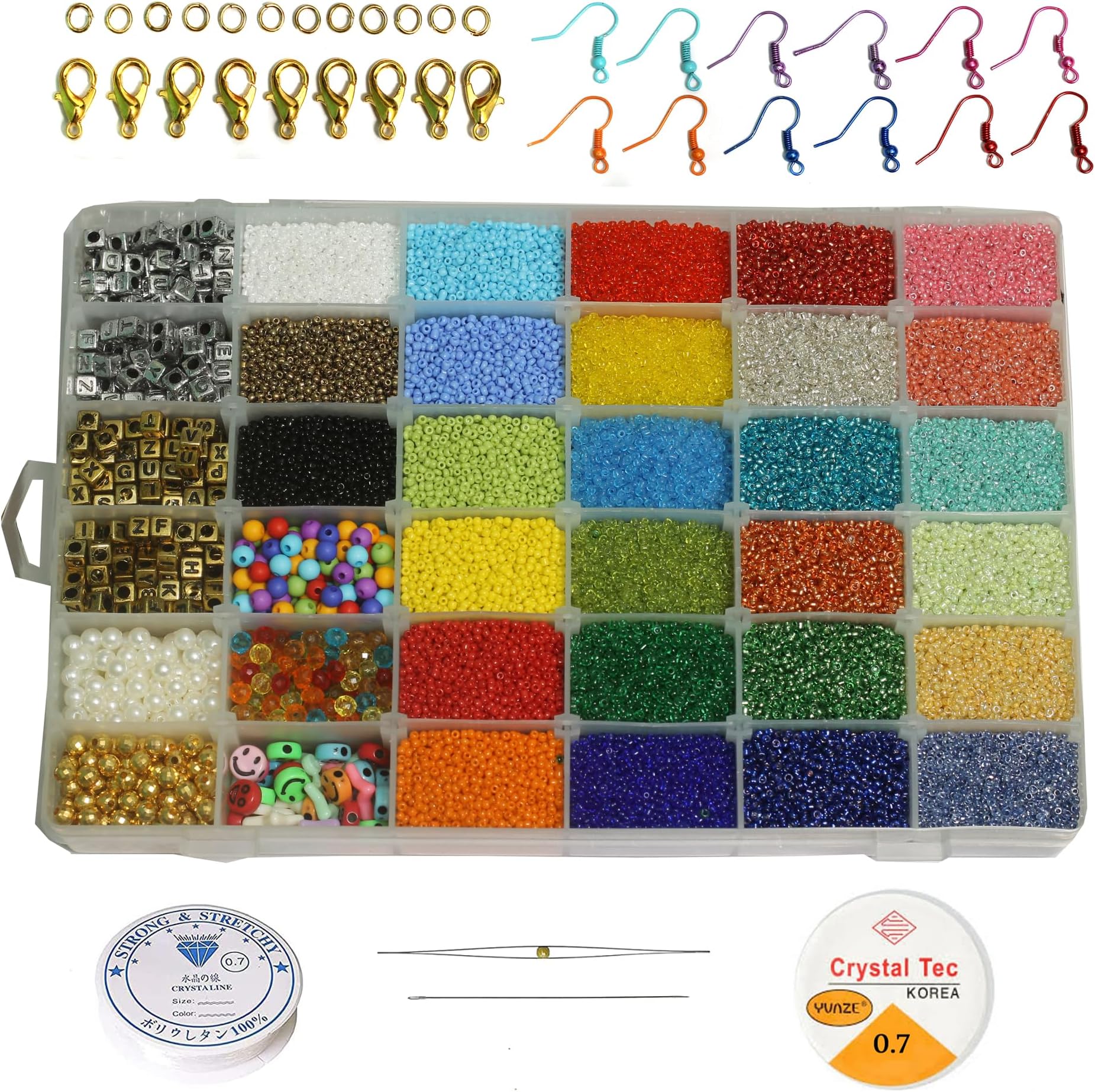 JAUNTY Beadsnfashion 36 Grid Cells Glass Seed Beads, Pearls, Acrylic and Alphabet Beads DIY Kit with Thread, Needle and Findings for Jewellery Making, Beading, Embroidery and Art and Crafts.
