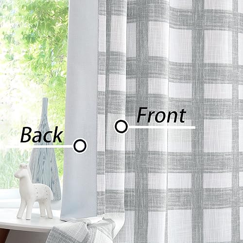 Miniatura 10 de Cortina opaca a cuadros para ventana, panel geométrico a cuadros, con aislamiento térmico, extra larga para dormitorio, sala de estar, ojales en la