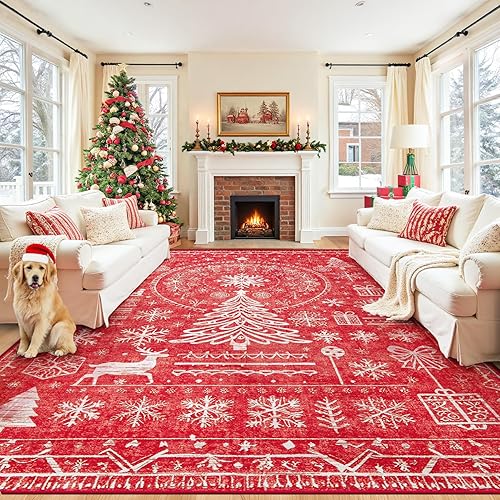 Christmas Area Rug for Living Room 8x10: Large Washable Xmas
