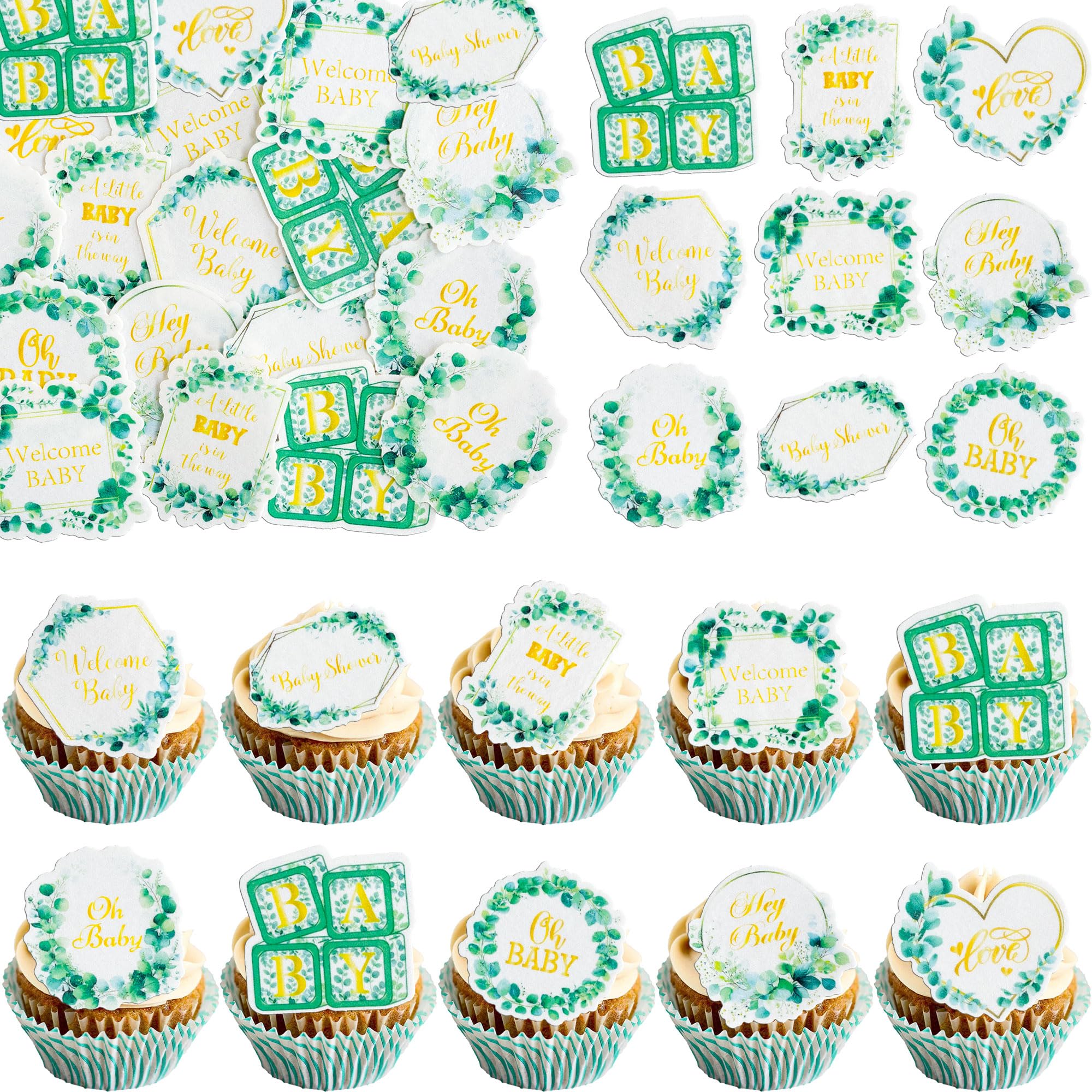 Gyufise 54Pcs Edible Girl Baby Shower Cupcake Toppers Gender Reveal Cake Decorations Hey Little Girl Welcome Baby Cupcake Picks for Baby Shower Birthday Party Decorations Green White