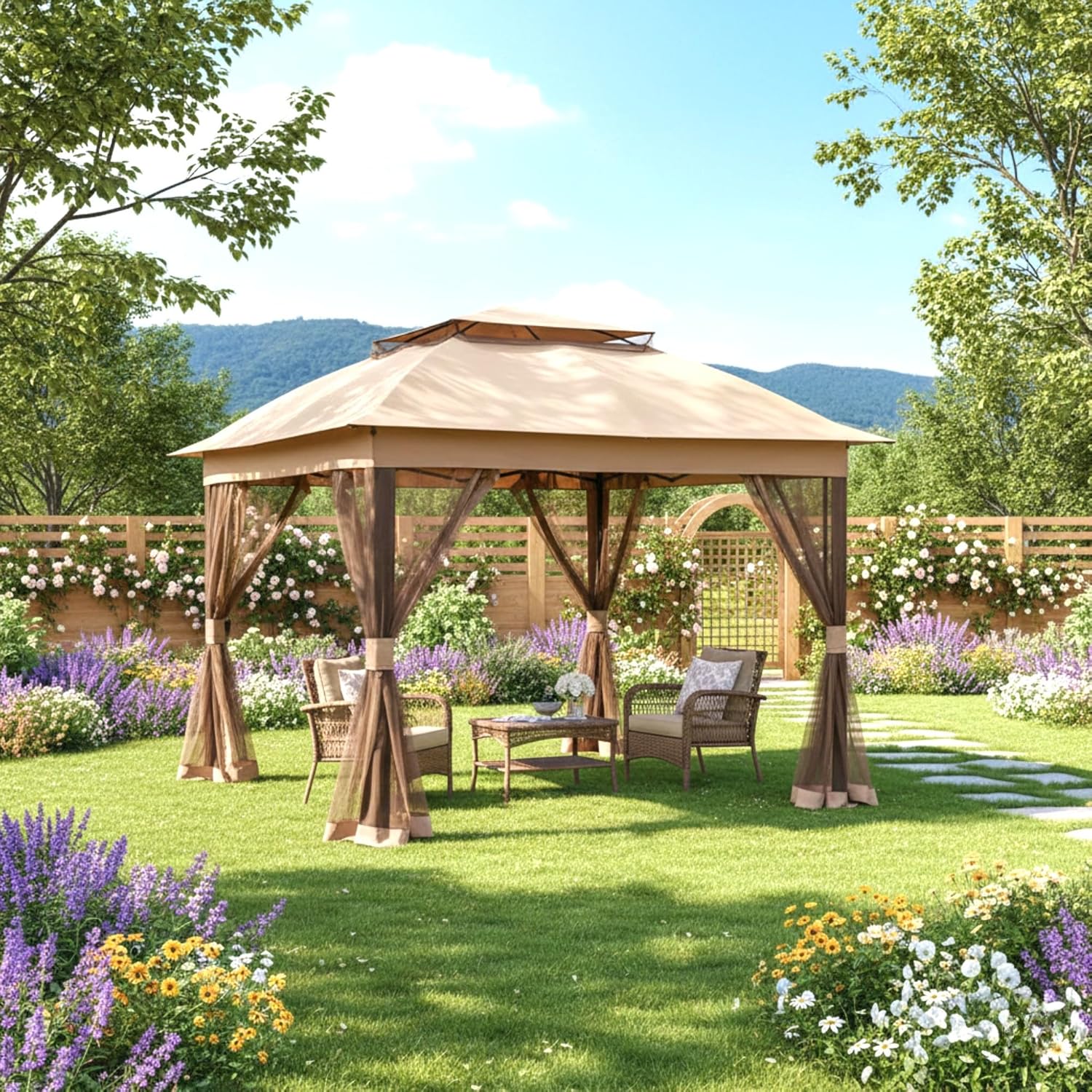 Garden Winds Reinforced Replacement Canopy Top Cover Compatible with The Joyside 11' x 11' Pop Up Gazebo - Classic Sand, Riplock 350