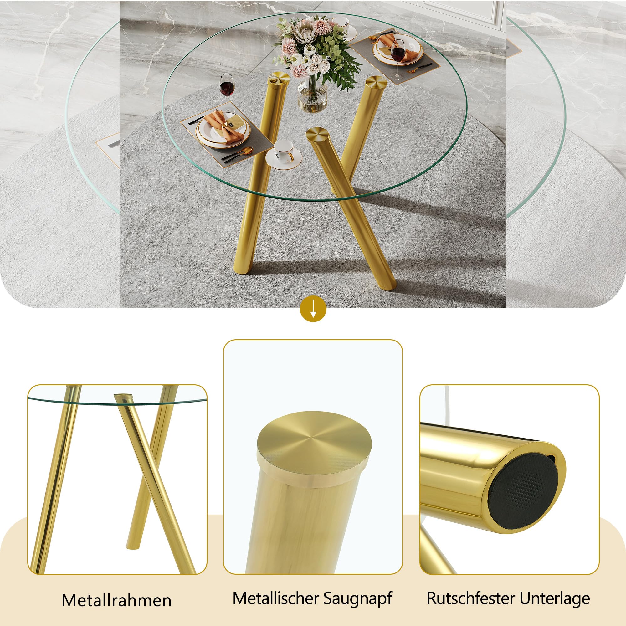 Table à Manger Ronde en Verre Trempé, Pieds en Métal Doré, Or, 89 cm