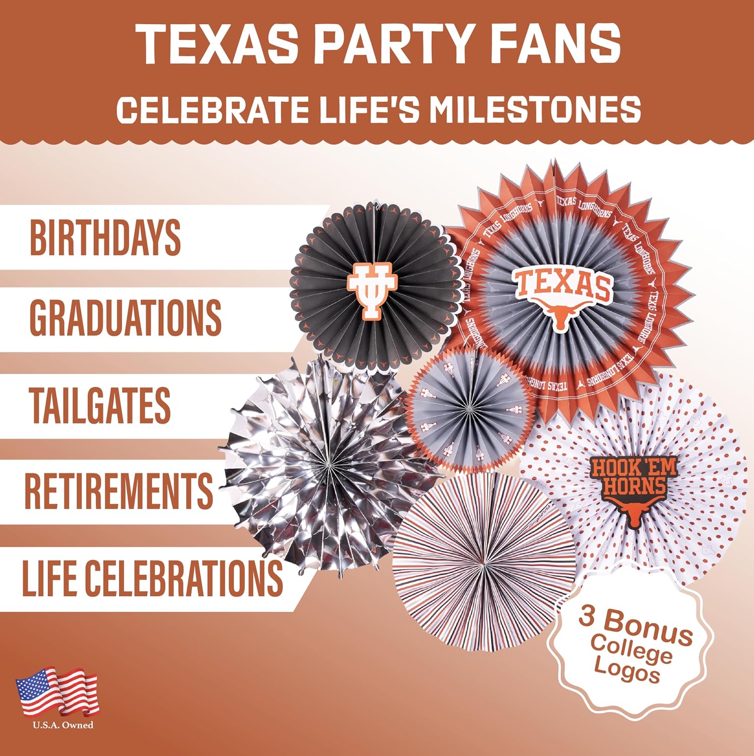 Texas Longhorns Paper Fan UT Backdrop Birthday Graduation Party Decor 6 Pcs image 4