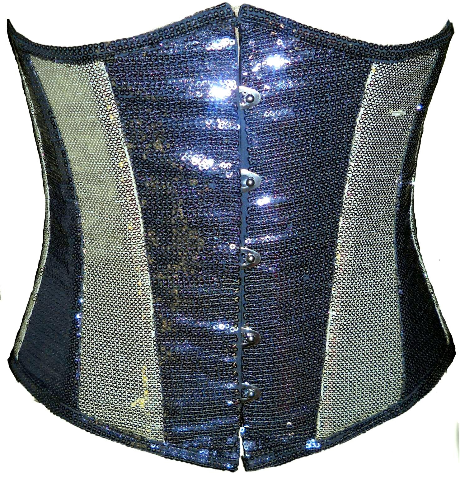 Black Silver Georgette Sequins Burlesque Costume Gothic Underbust Corset Basque
