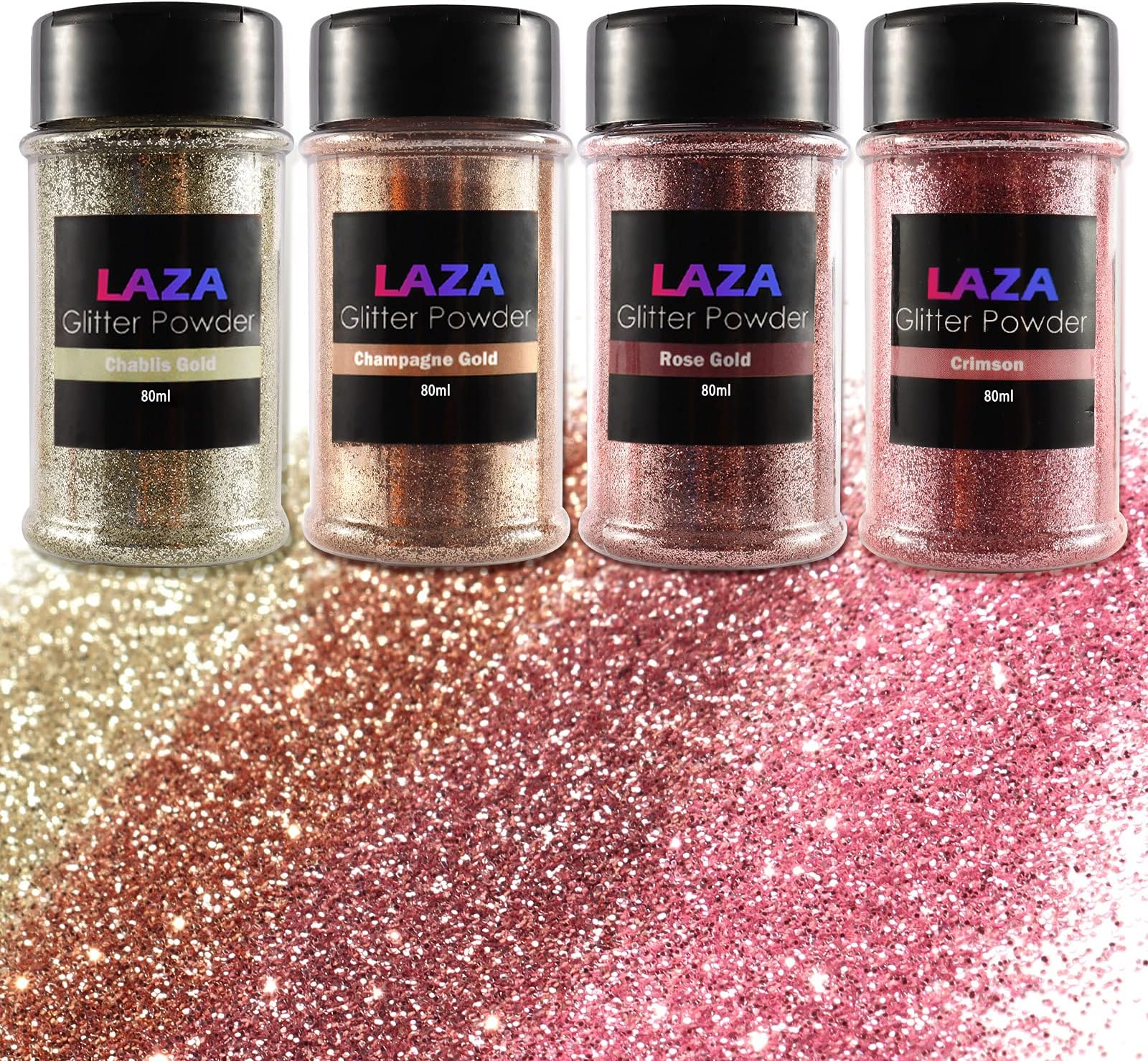 Laza Spring Ultra Fine Glitter Powder, 4 Colors 320ml Craft Glitter Sequins, Rose Gold PET Extra Fine Glitter for Flowers Resin, Nail Arts, Epoxy Tumbler, Decoration, Weddings, Wine Goblets- Pink Gold