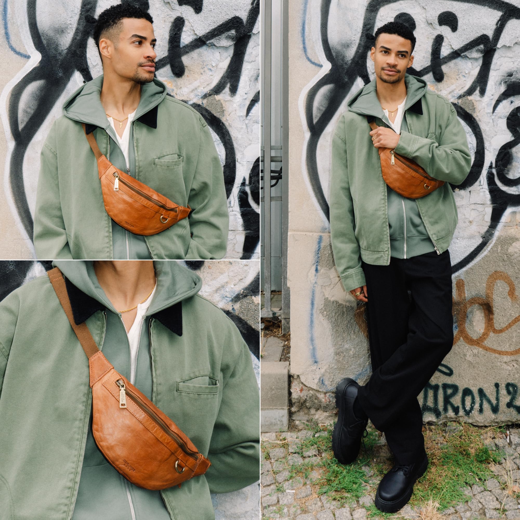 Berliner Bags Vintage Bauchtasche Turin, Gürteltasche aus Leder, mit verstellbarem Gurt und YKK Reißverschlüsse, Wasserabweisend für Herren - Braun