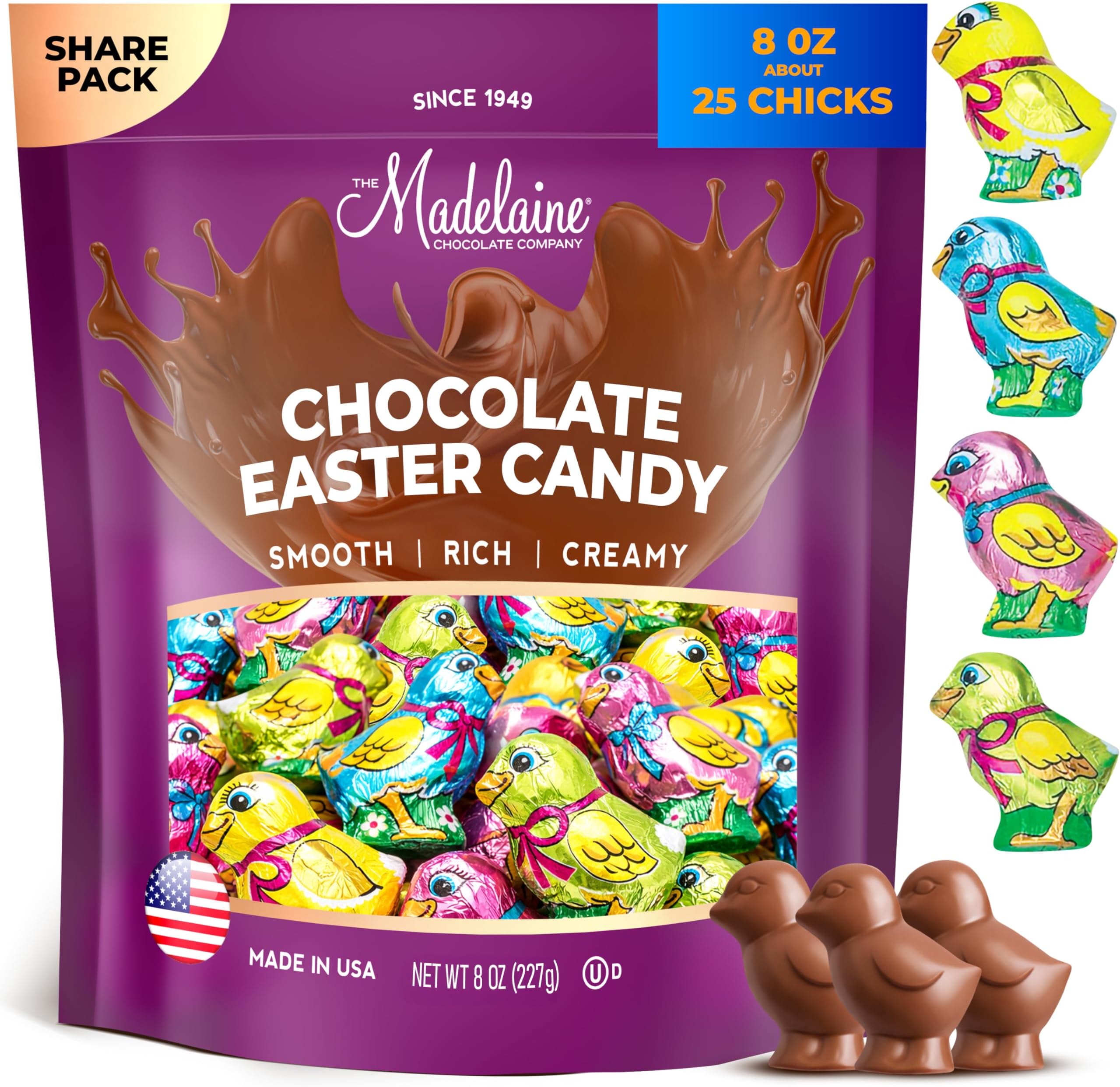 Madelaine Solid Premium Milk Chocolate Easter Baby Chicks Wrapped In Colorful Italian Foils (1/2 LB)