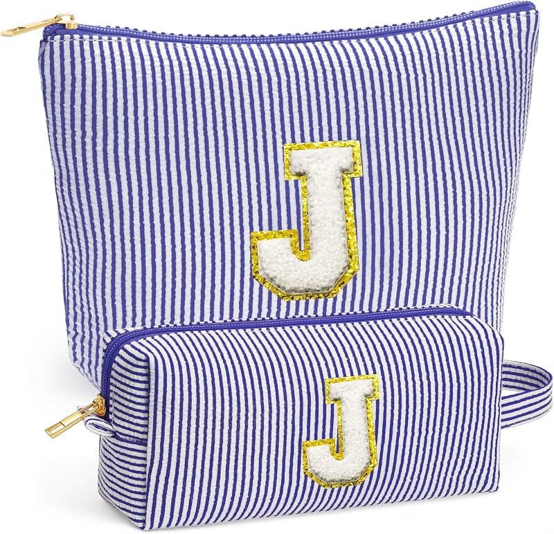 Kit de necessaires de viagem Fohufo com zíper, 2 unidades, estampa listrada azul, inicial J