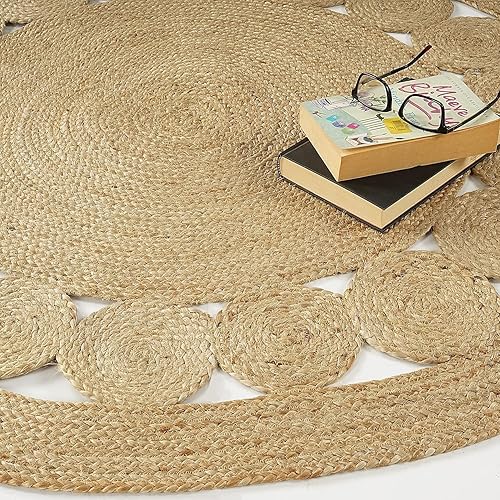 Miniatura 9 de GRUHUM Alfombra tejida a mano de yute de 4 pies, de fibra natural, de algodón, redonda, bohemia, rústica, vintage, suave, trenzada, reversible,