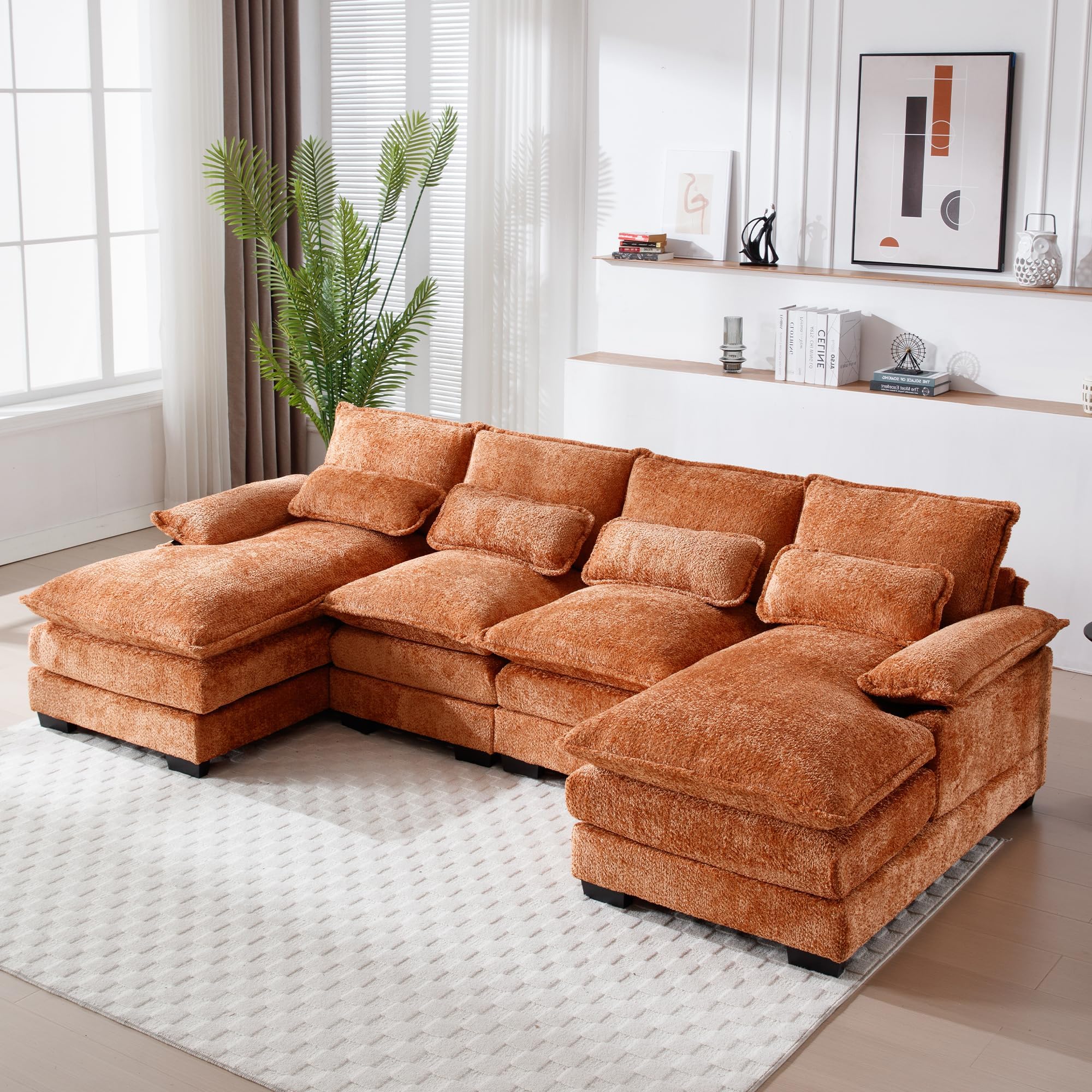 GNIXUU 110" Sectional Sofa Cloud Couch for Living Room, Modern Chenille U Shaped Couch, Comfy Modular Sofa Sleeper with Double Chaise & Memory Foam(Orange)