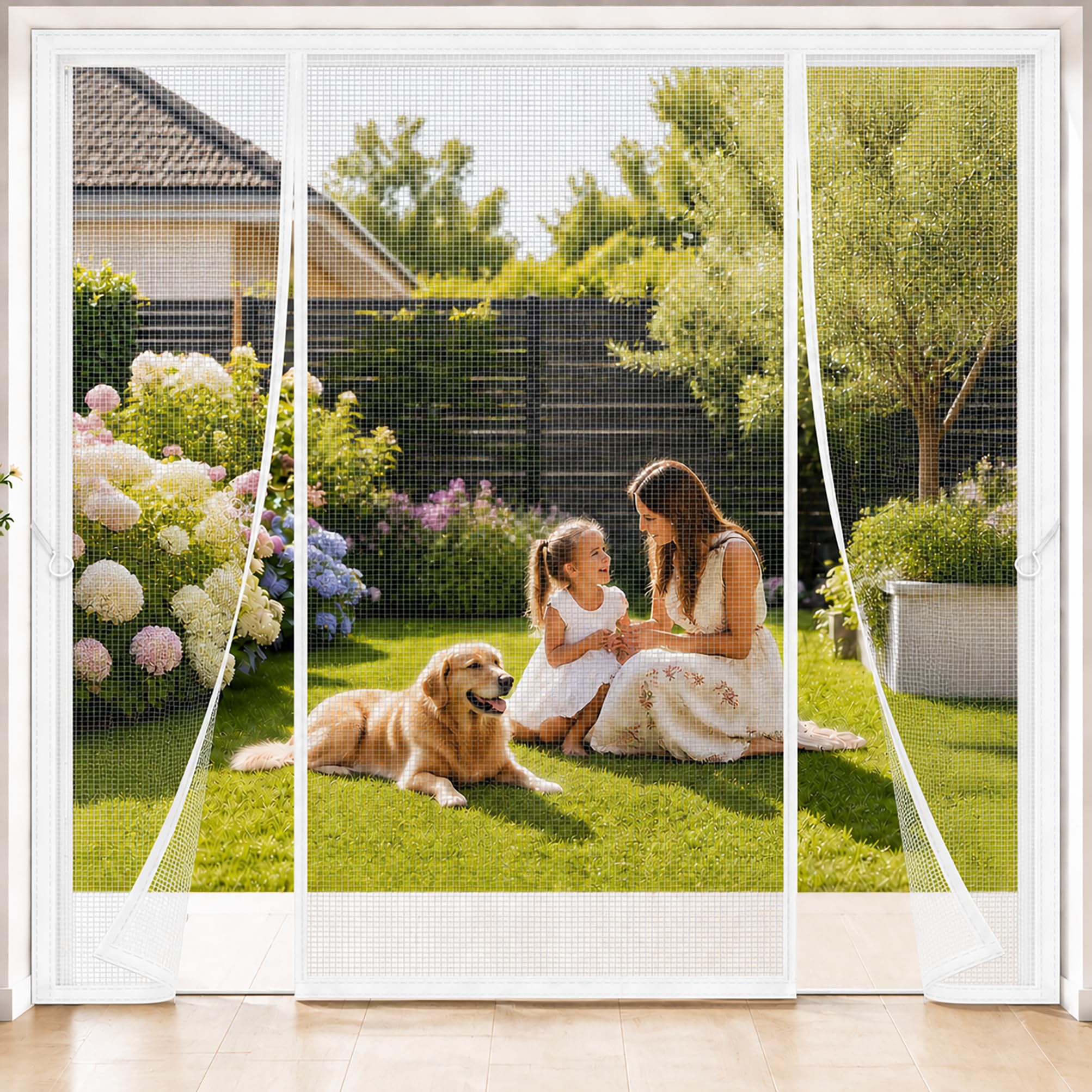 Magnetic Mesh Screen Door for French Doors 195x270cm White French Door Reinforced Fiberglass Removable Insect Fly Mesh No Drilling for Hosting Garden Parties Without uninvited pests