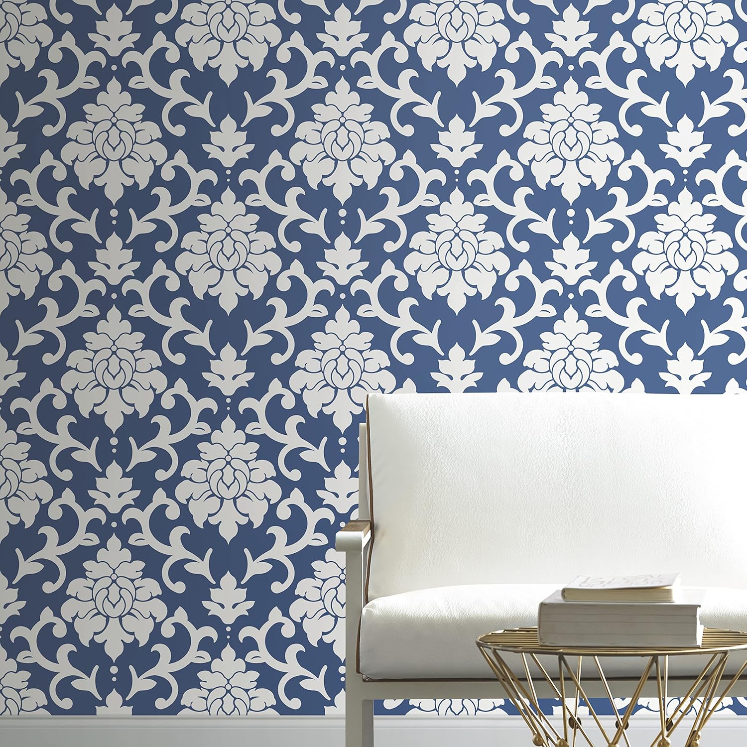 RoomMates RMK12119WP Damask Peel and Stick Wallpaper, Indigo, White