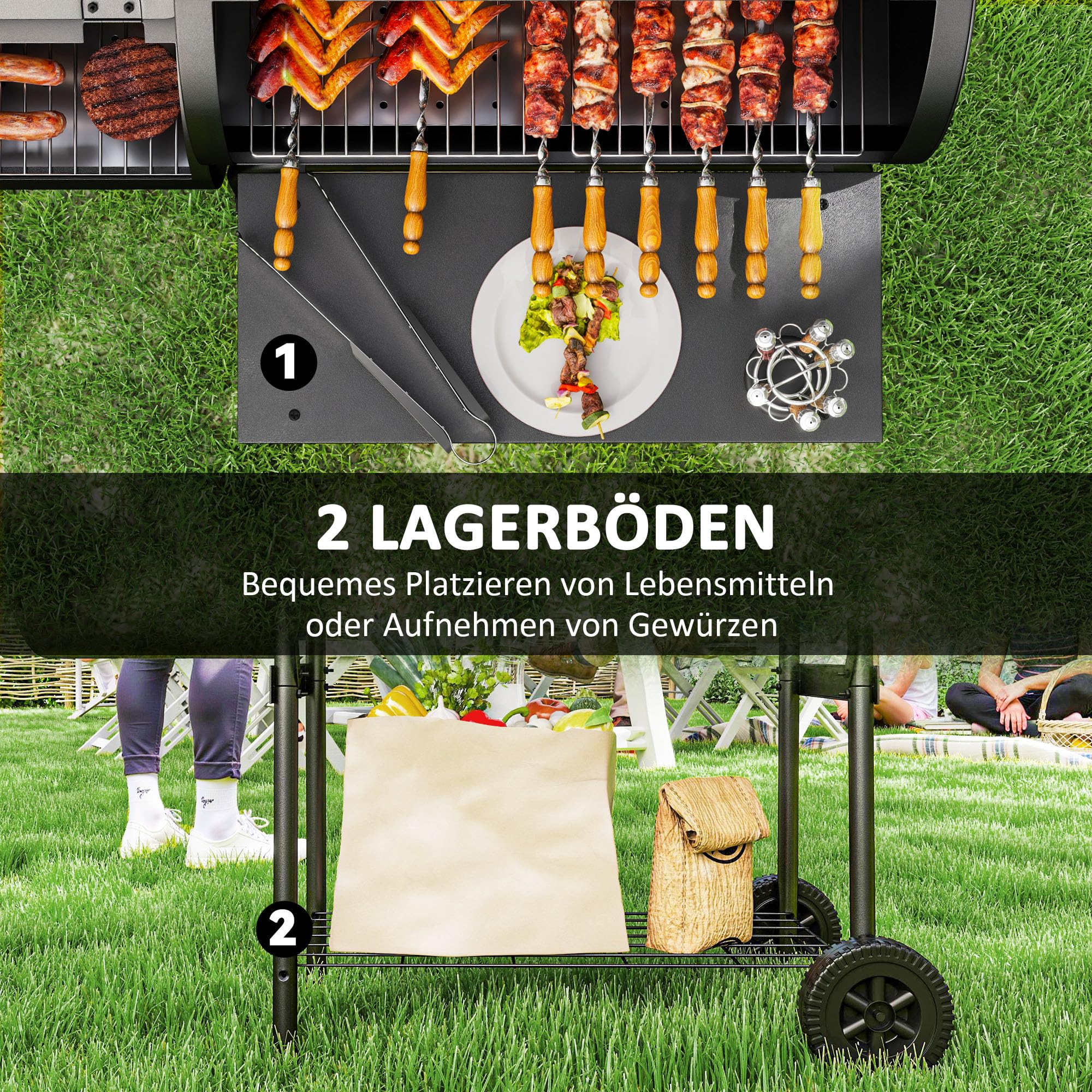 Outsunny Grill na węgiel drzewny ze stali, BBQ Smoker z pokrywką, termometr, kółka, wózek na kółkach z dopływem powietrza, pojemnik na węgiel węglowy, na kemping, do ogrodu, 109 x 60 x 120 cm
