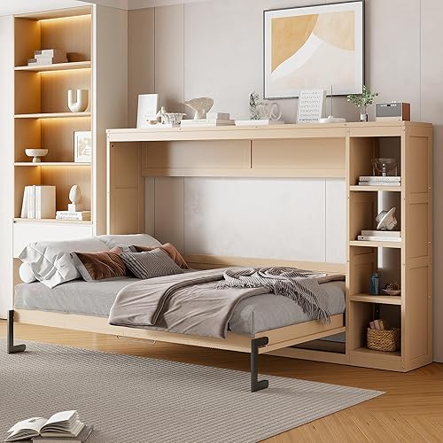 Full Size Horizontal Murphy Bed with Storage Shelves, Hideaway Wall Bed with Open Bookcase, can be Folded into a Cabinet, Folding Murphy Bed Space-Saving for Guest Room Bedroom Office, Natural