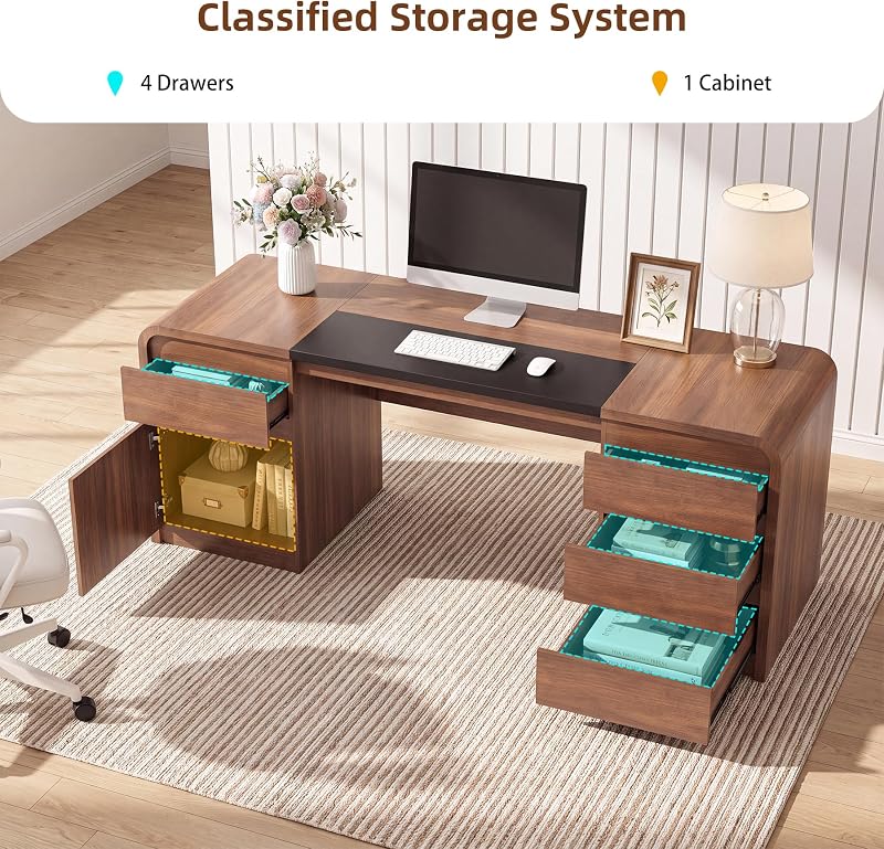 71" Walnut Executive Desk with Drawers, Home Office Desk with Storage image 5