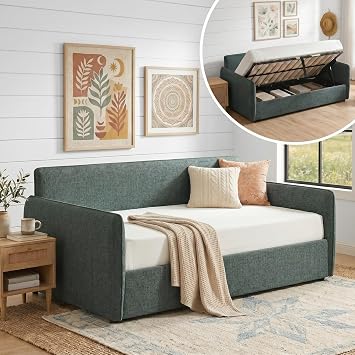 Twin Upholstered Daybed with Lift Up Storage, Gray Green Linen Corner Bed | Underneath Hydraulic Storage for Bedroom or Living Room Furniture, Sofa Bed, No Box Spring Needed, Wooden Slats Support