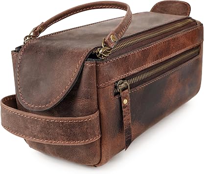Premium Handmade Leather Toiletry Bags for Men and Women, Genuine Leather Dopp Kit and Shaving Bag for Men, Travel Cosmetic Bag for Womens and Mens, Zipper Pocket, Chocolate