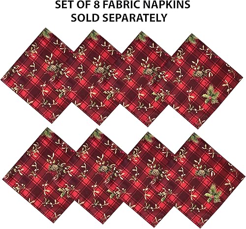 Miniatura 6 de Newbridge Mantel navideño de tela navideña a cuadros de abeto, acebo, árboles de hoja perenne, bellota y cuadros rojos, resistente a la suciedad, no