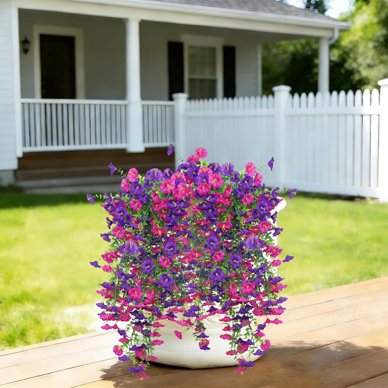 Senjie Artificial Hanging Flowers for Outdoor Spring Decor, 2 pcs UV Resistant Fake Morning Glory Silk Faux Flowers Plants for Outside Porch Patio Balcony Planters
