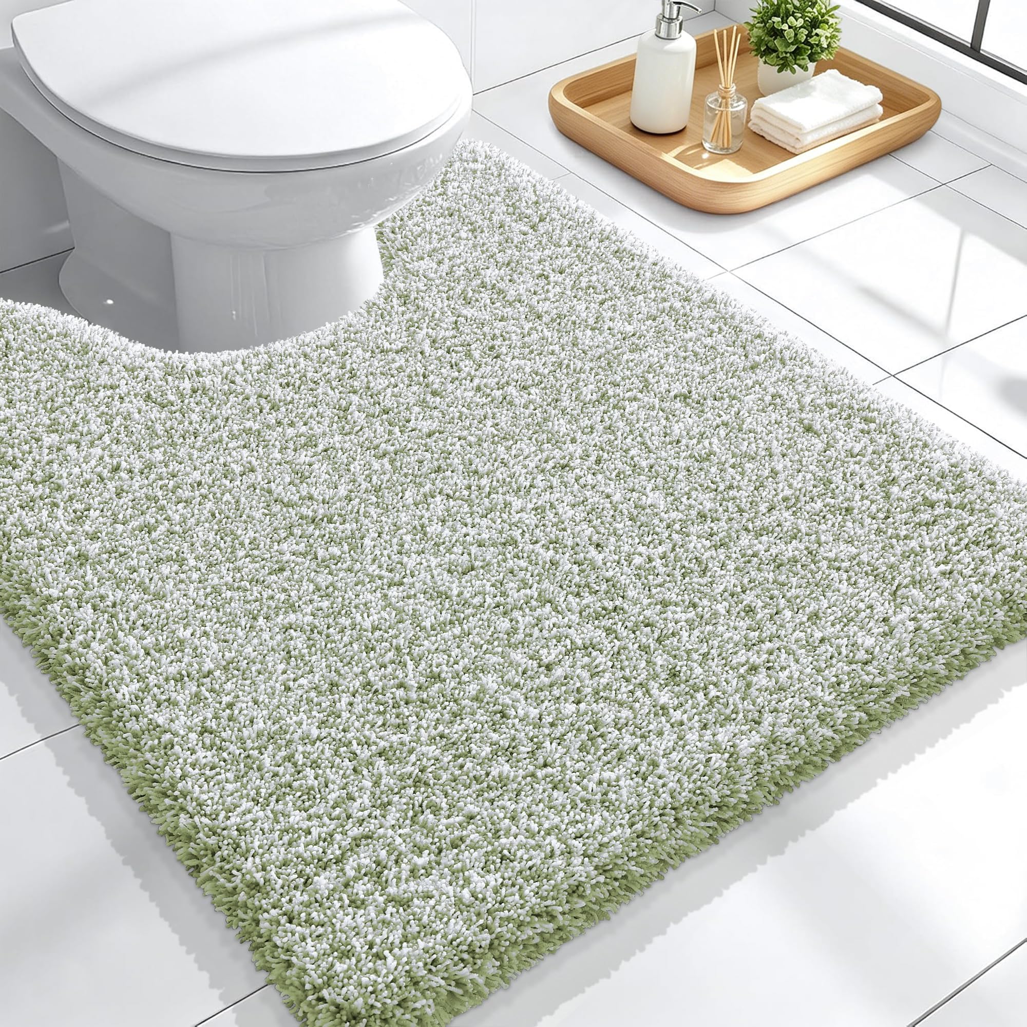 OLANLY Microfiber Bathroom Rugs U-Shaped Mats 24x20, Sage Green and White