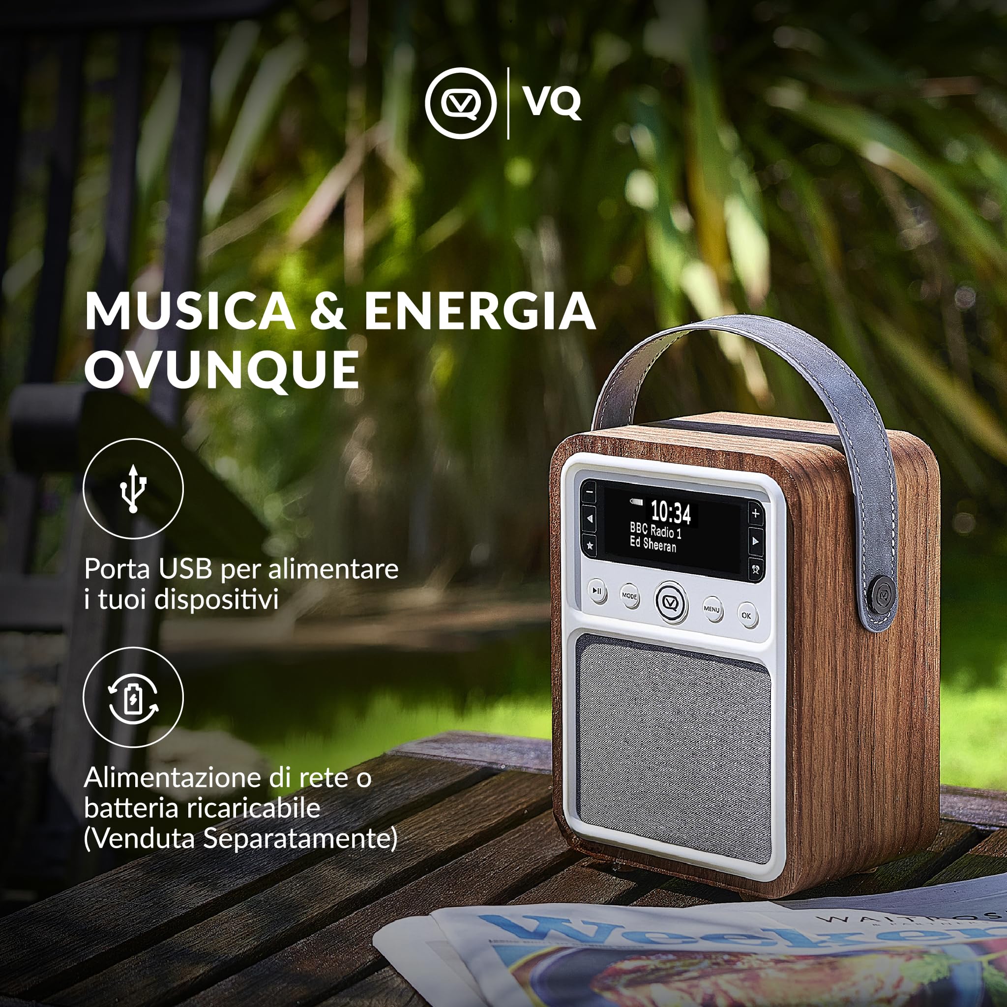VQ Monty Radio DAB Plus/DAB con Cassa Bluetooth, FM e Radio Sveglia Funzione - Alimentata da Rete e Batteria Radio Portatile Vintage con Antenna, Presa Cuffie e Porta USB - Noce