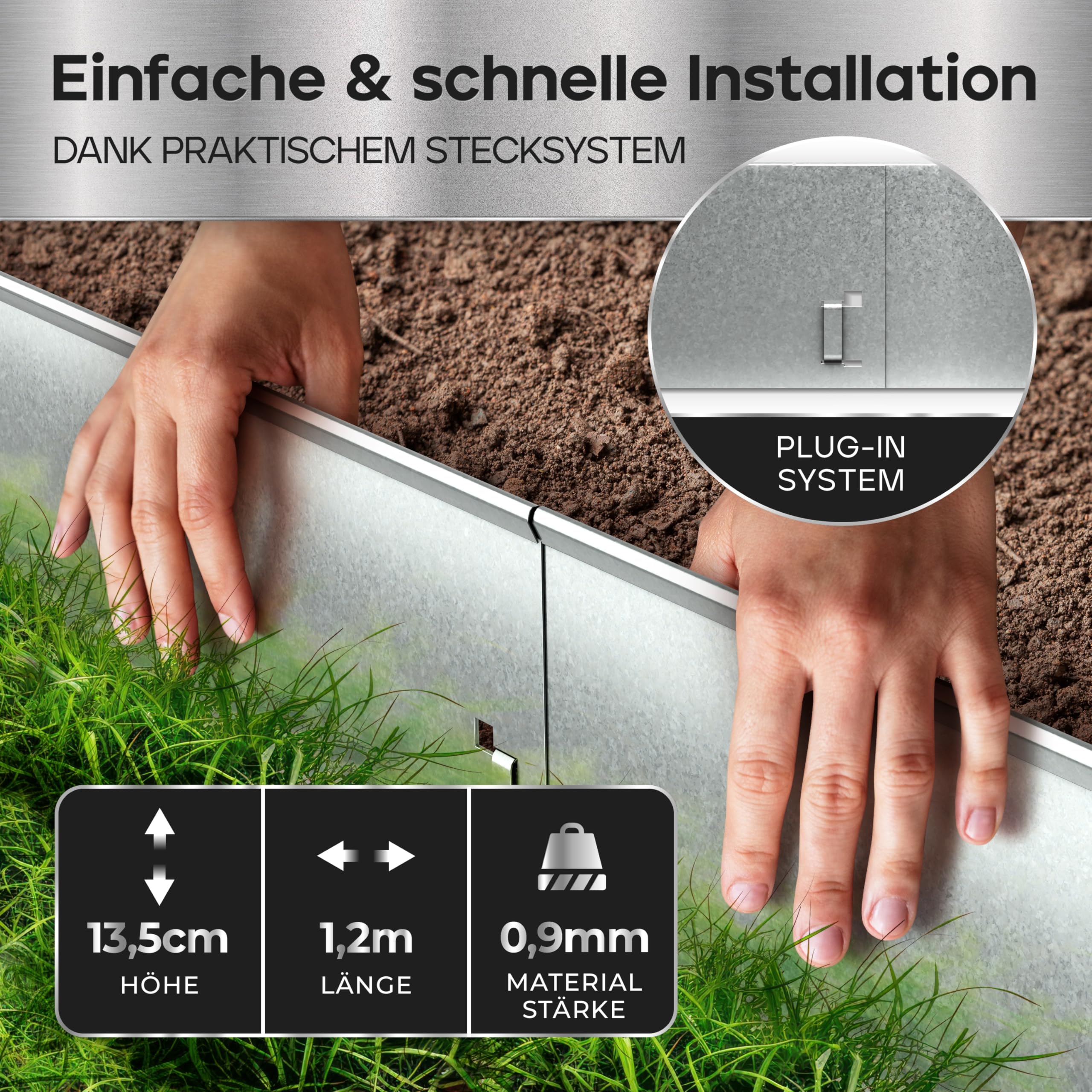 Rasenkante Metall –11,4m Verlegelänge Garten Beeteinfassung 13,5cm hoch - Stabile Beetbegrenzung Metall feuerverzinkt -10er Set Metall Rasenkante je 1,2m Länge -Verformbar & Ultraleicht, verz.