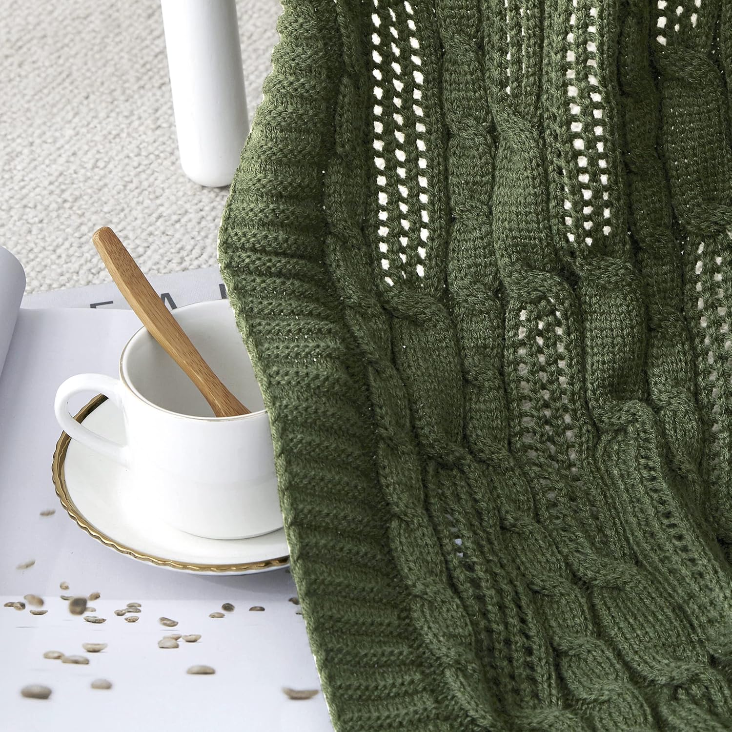 Aormenzy Cable Knit Throw Blankets 90 x 90 Inches, Soft Cozy and Lightweight Knitted Blanket, Machine Washable Acrylic Blanket, Decorative Throw Blanket for Couch Sofa Bed, Forest Green - Image 5